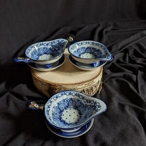 Bombay Made In China.Blue and White Tea Strainers With Saucers.